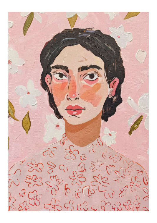 a painting of a woman's face with flowers in the background