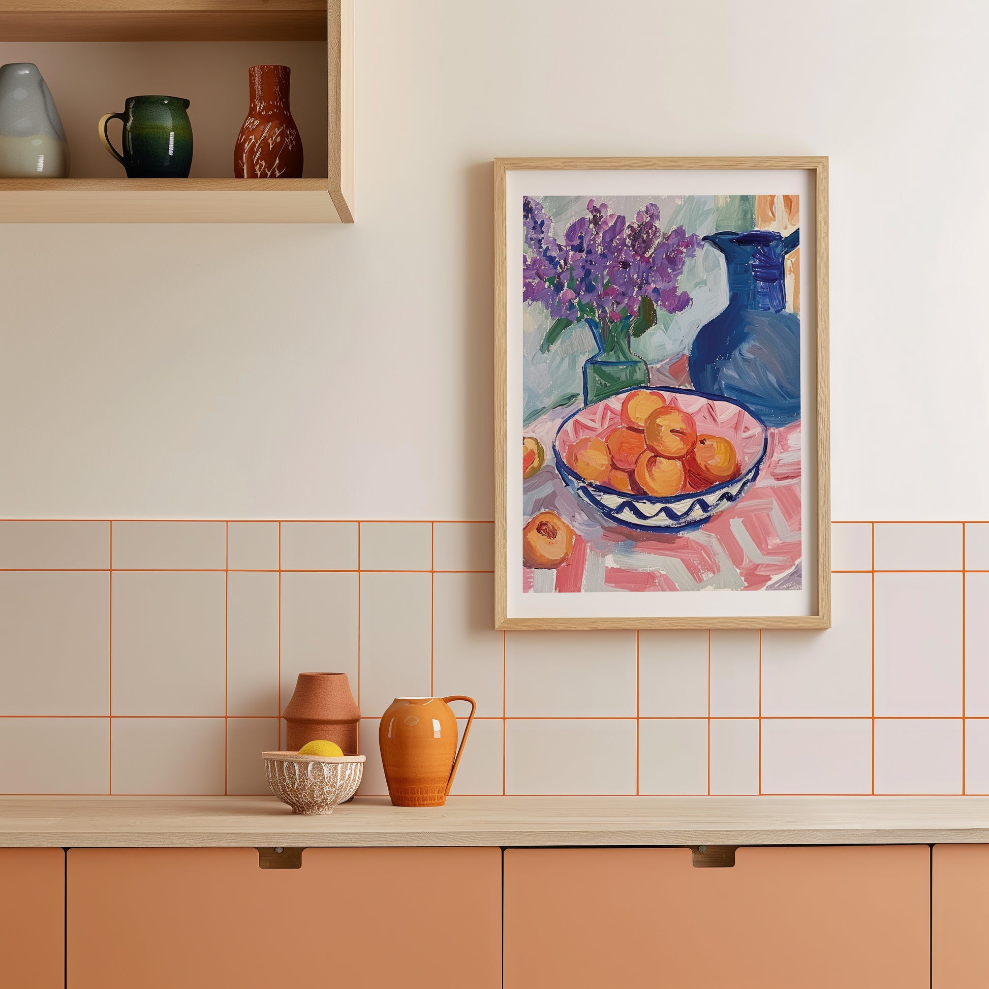 a painting of a bowl of oranges on a kitchen counter