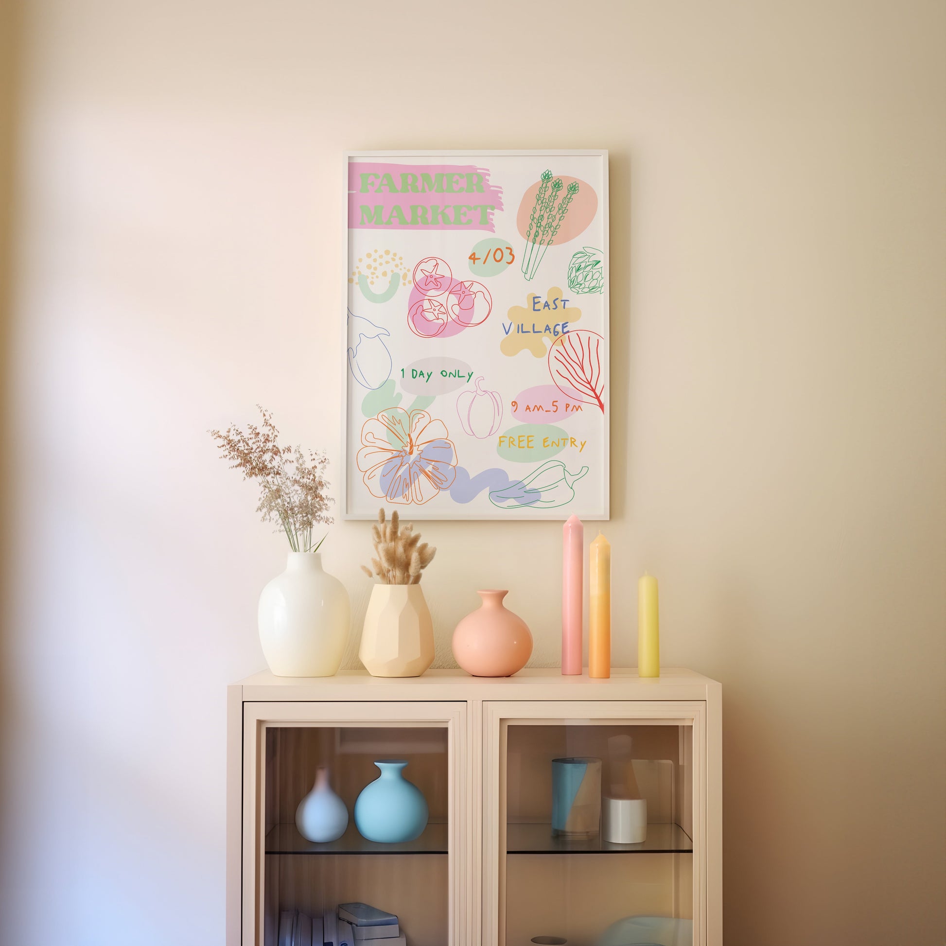 a shelf with vases and a poster on it