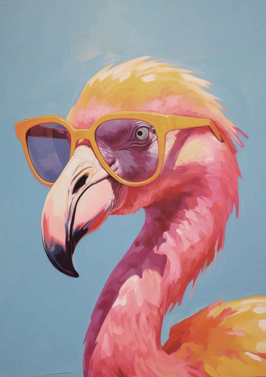 a painting of a flamingo wearing sunglasses