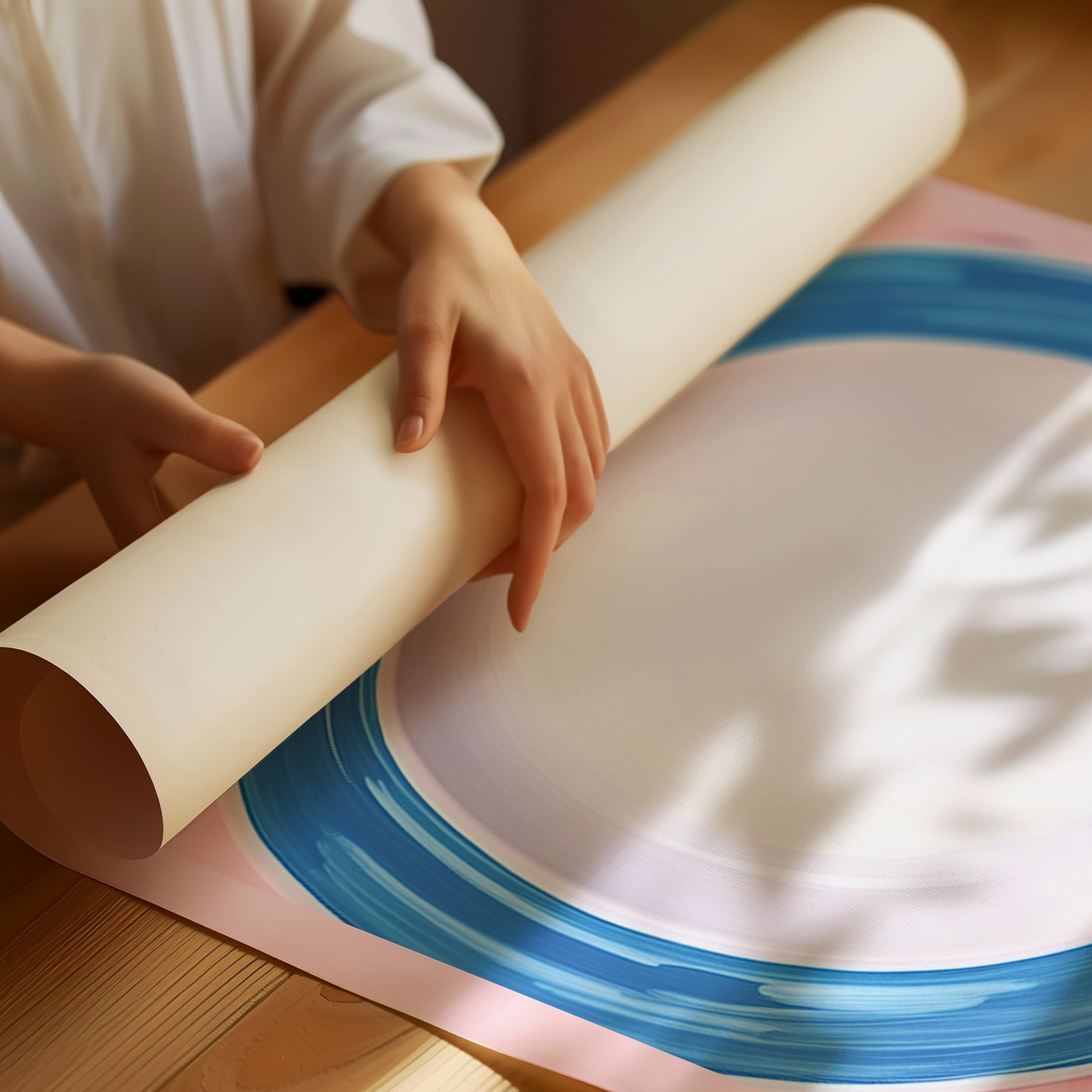 a person holding a roll of paper on top of a table
