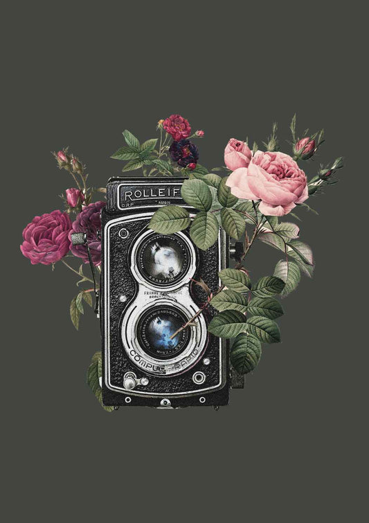 Flowers and Camera Vintage Collage Art Print