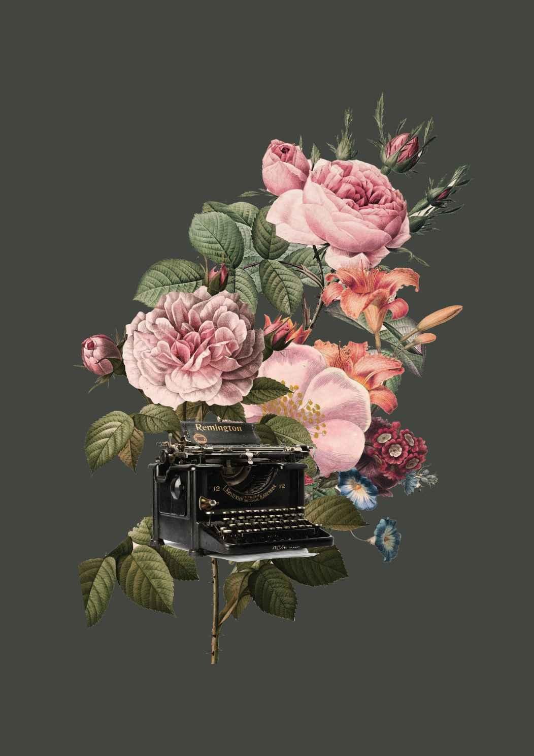 Flowers and Typewriter Vintage Collage Art Print-Skudaboo