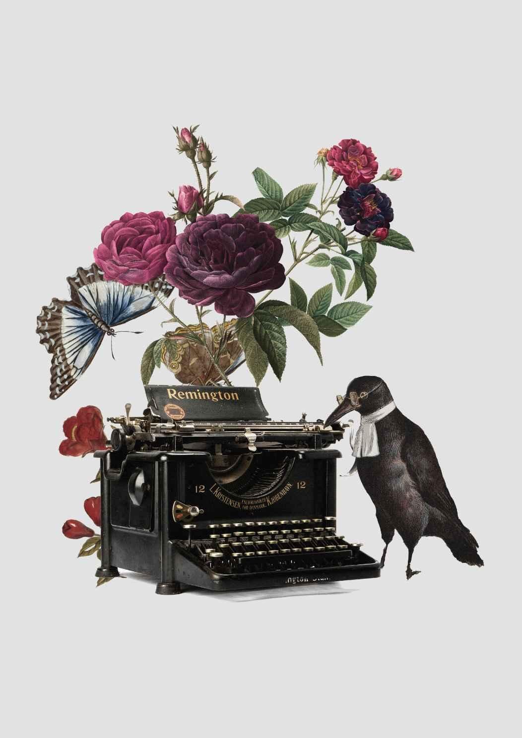 Flowers and Typewriter Vintage Collage Art Print-Skudaboo