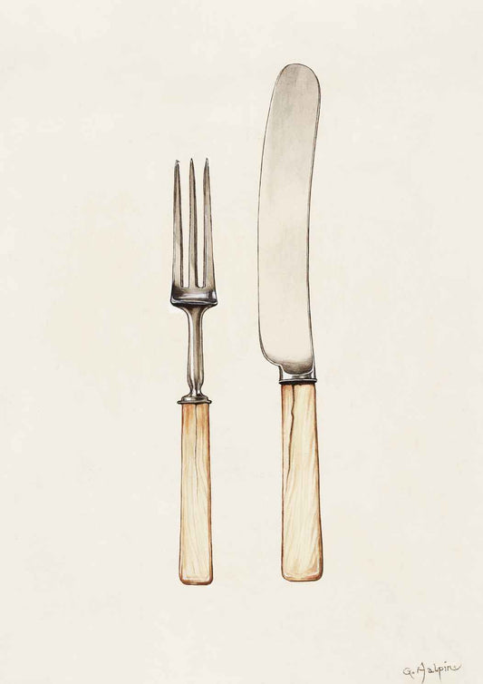 Skudaboo Neutral Fork & Knife Vintage Kitchen Art Print