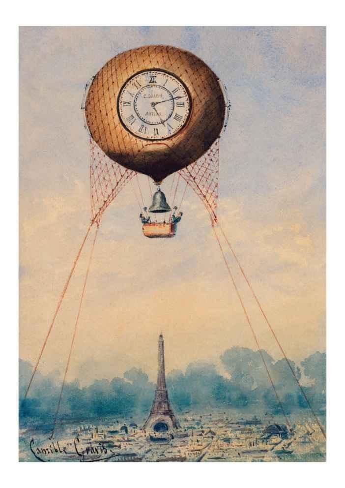 Hot Air Balloon Over Paris Vintage Art Print-Skudaboo