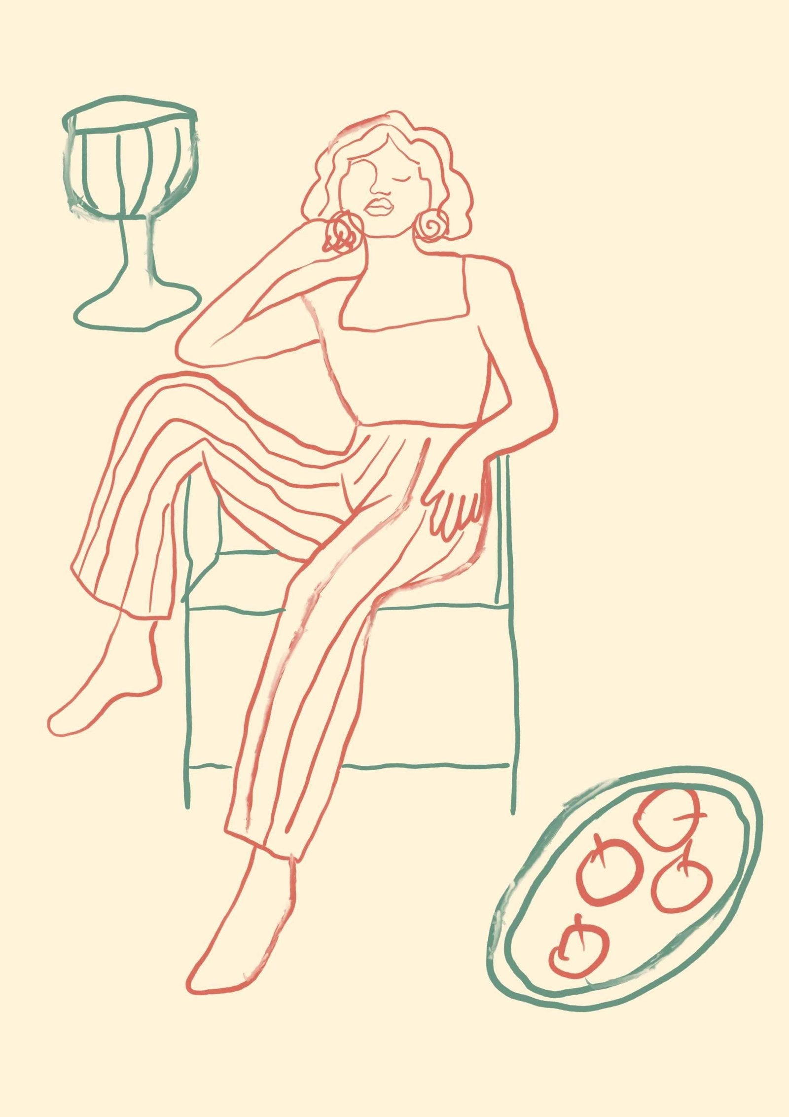 Laid Back with Wine Line Art Print-Skudaboo