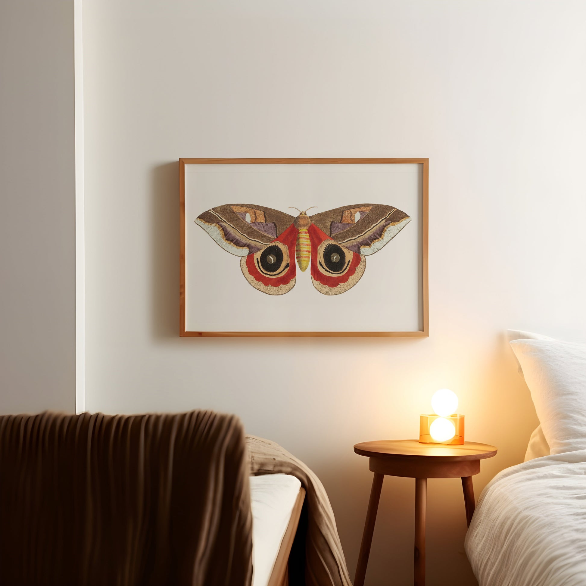 a picture of a butterfly on a wall above a bed