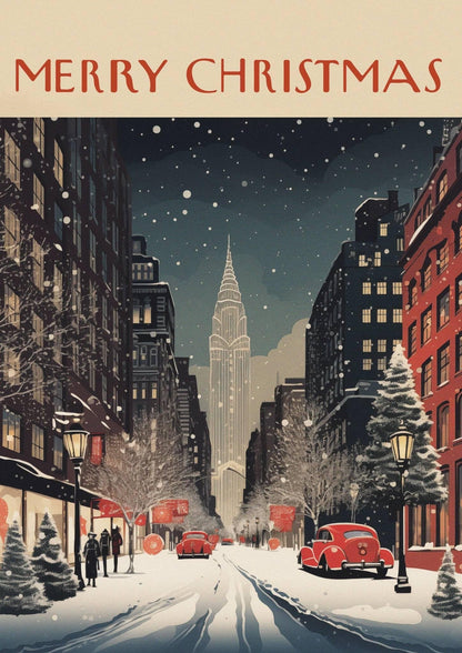 New York Scene Retro Christmas Art Print-Skudaboo