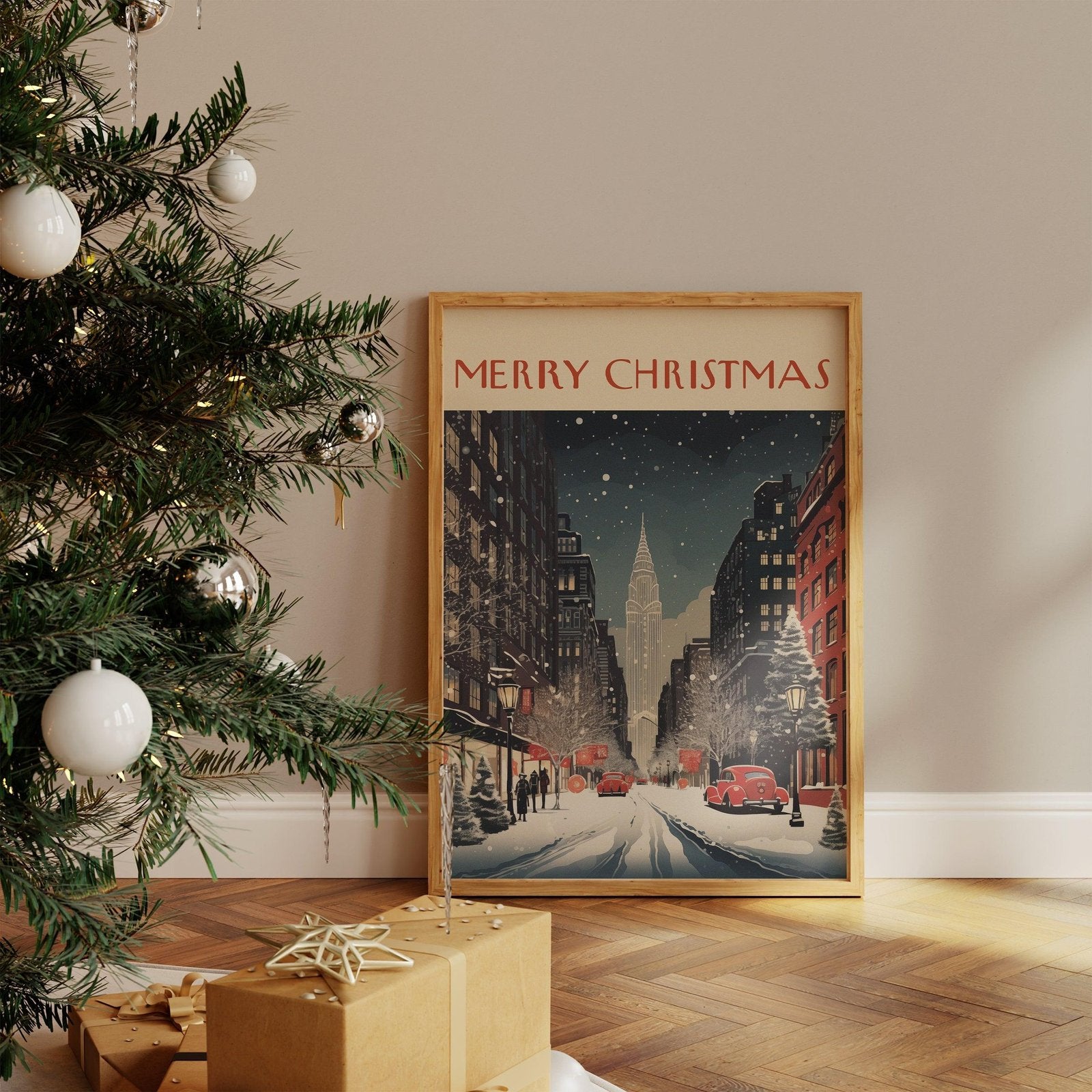 New York Scene Retro Christmas Art Print-Skudaboo