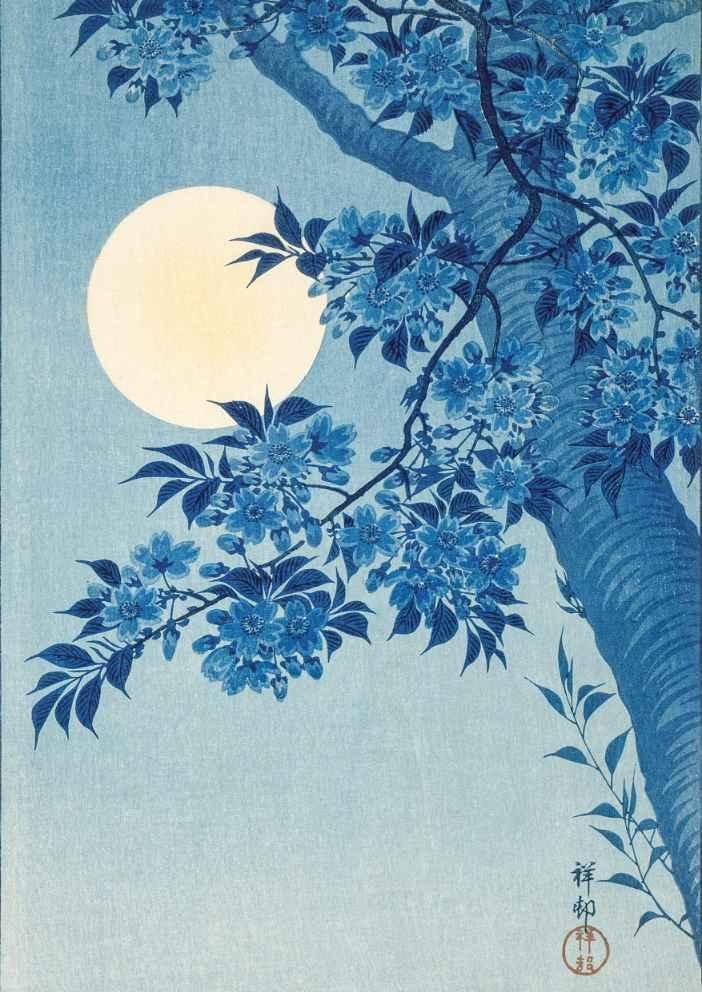 Ohara Koson Blossoming Cherry on a Moonlit Night Japanese Vintage Art Print-Skudaboo