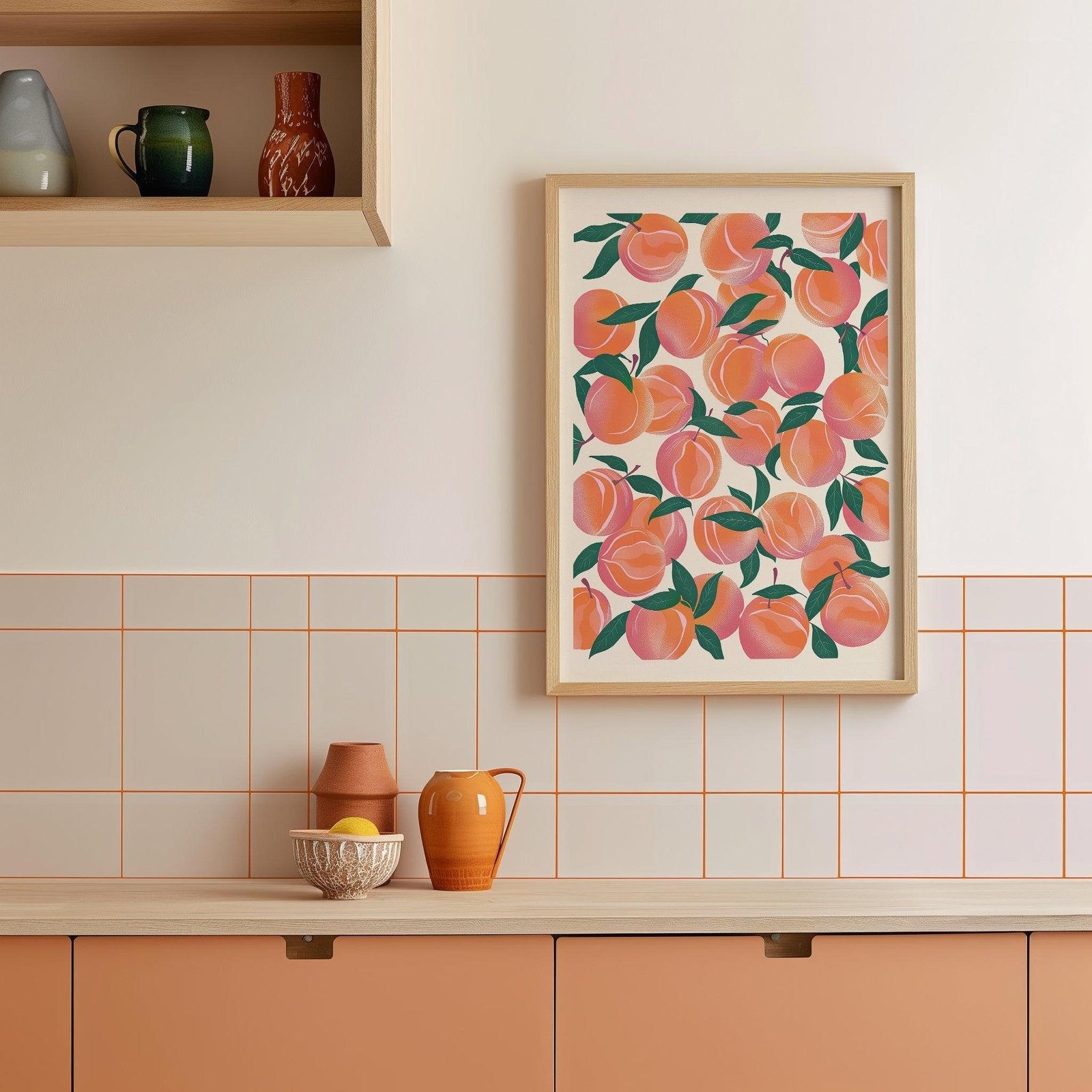 a picture of a kitchen with fruit on the counter