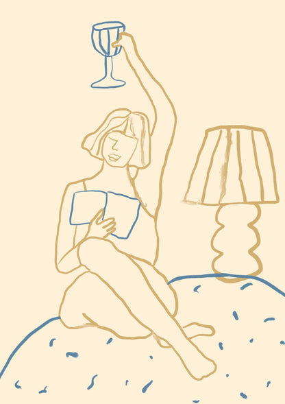 Reading in Bed with Wine Art print-Skudaboo