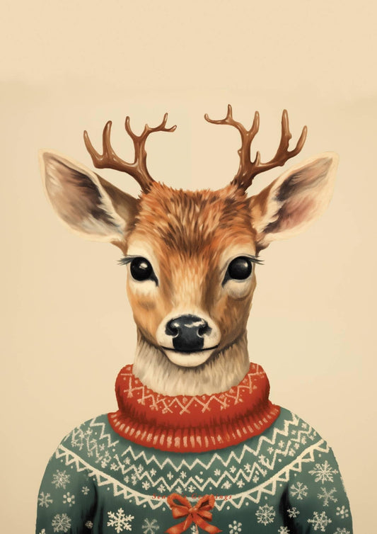 Reindeer in Jumper Retro Christmas Art Print-Skudaboo