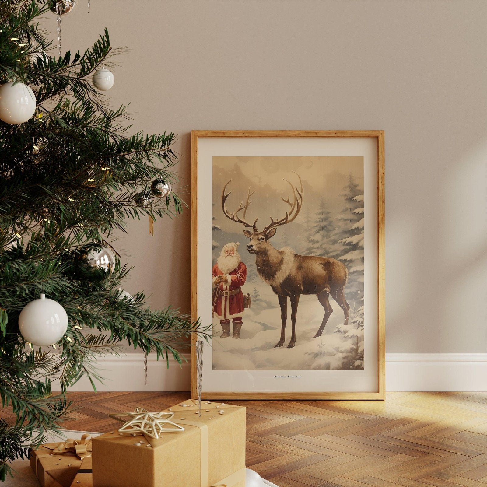 Santa & Reindeer Retro Christmas Art Print-Skudaboo