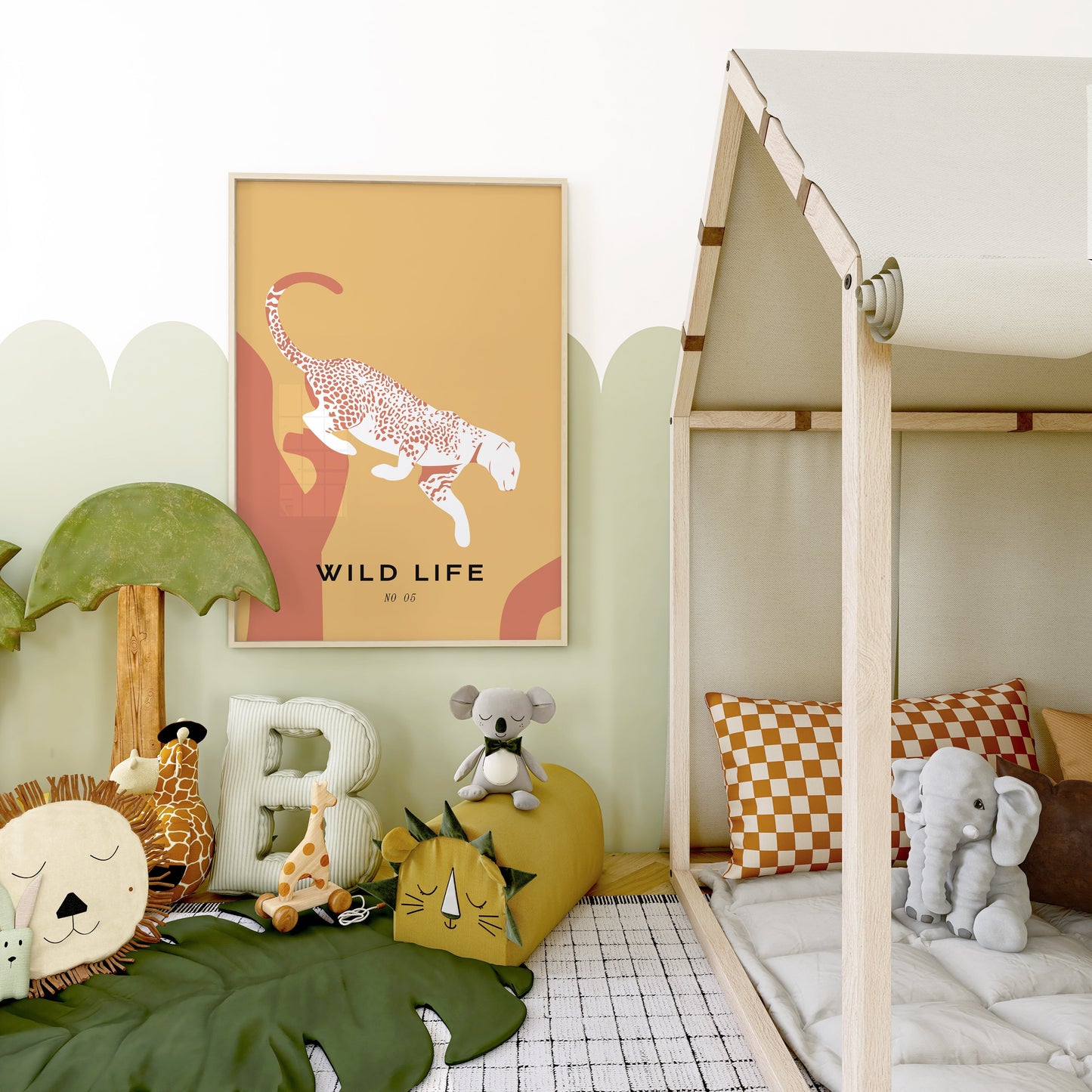 a child's room with a bed and a poster on the wall