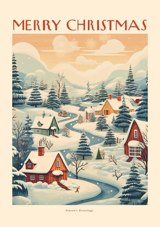 Village Scene Retro Christmas Art Print-Skudaboo