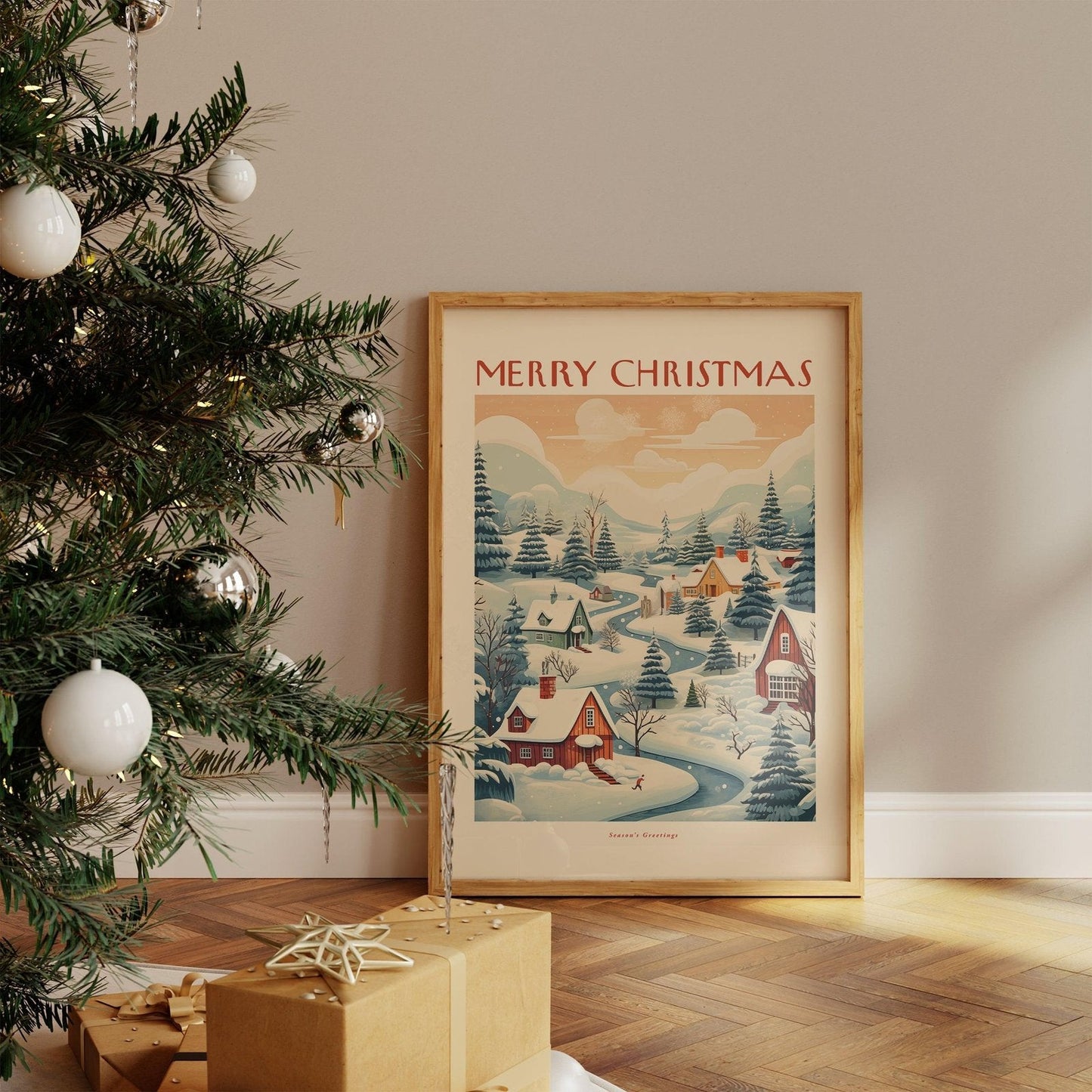 Village Scene Retro Christmas Art Print-Skudaboo