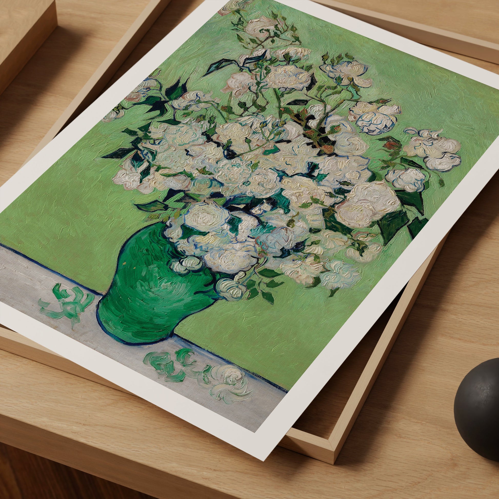 a painting of a green vase with white flowers