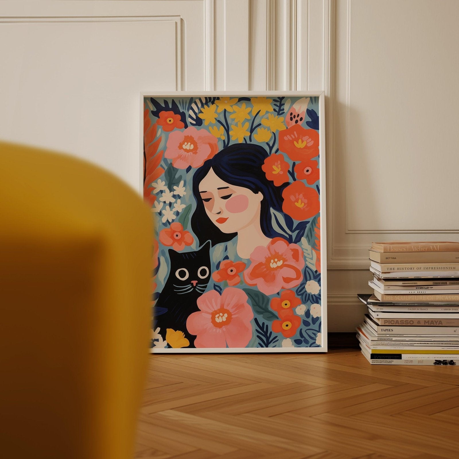 Woman and Cat Floral Art Print-Skudaboo