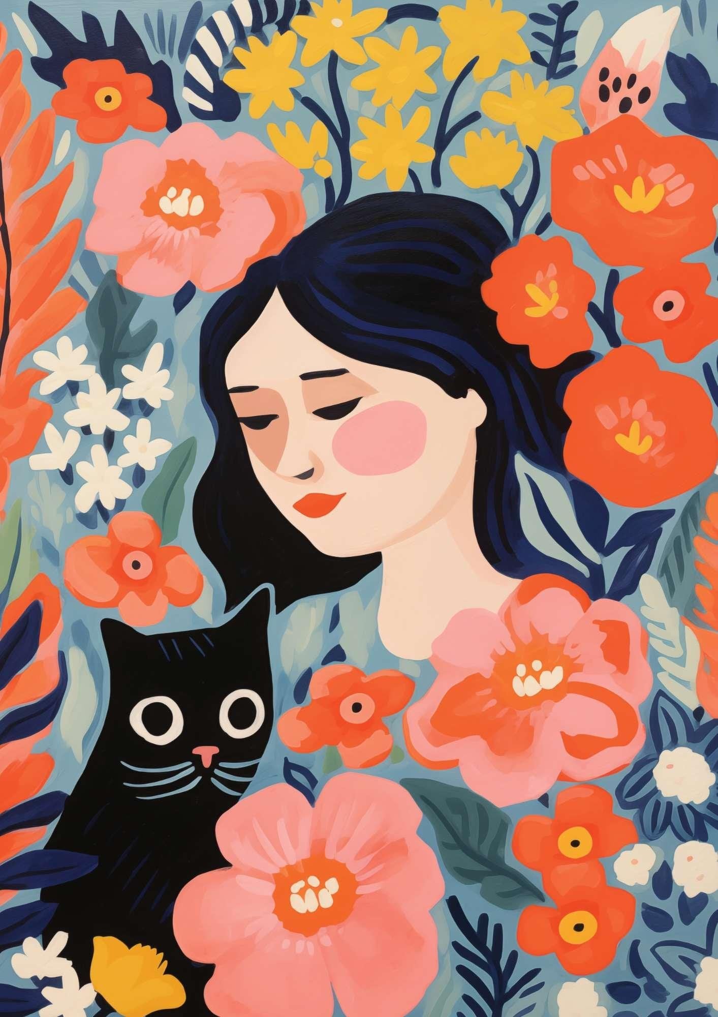 Woman and Cat Floral Art Print-Skudaboo